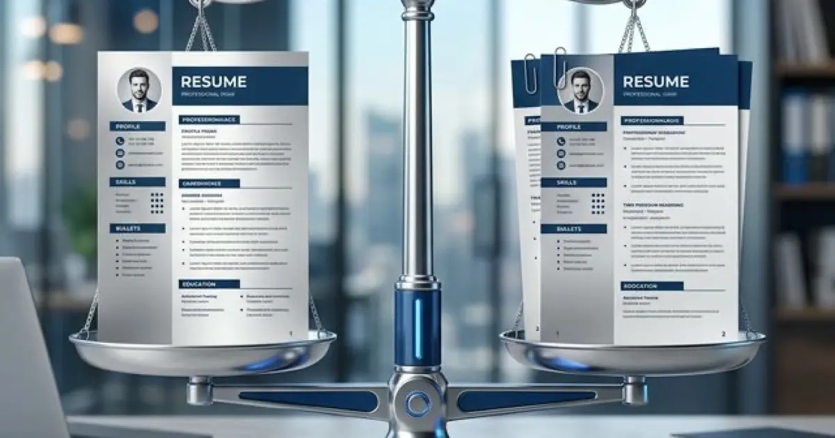 Two resume documents side by side showing one-page and two-page formats on a desk