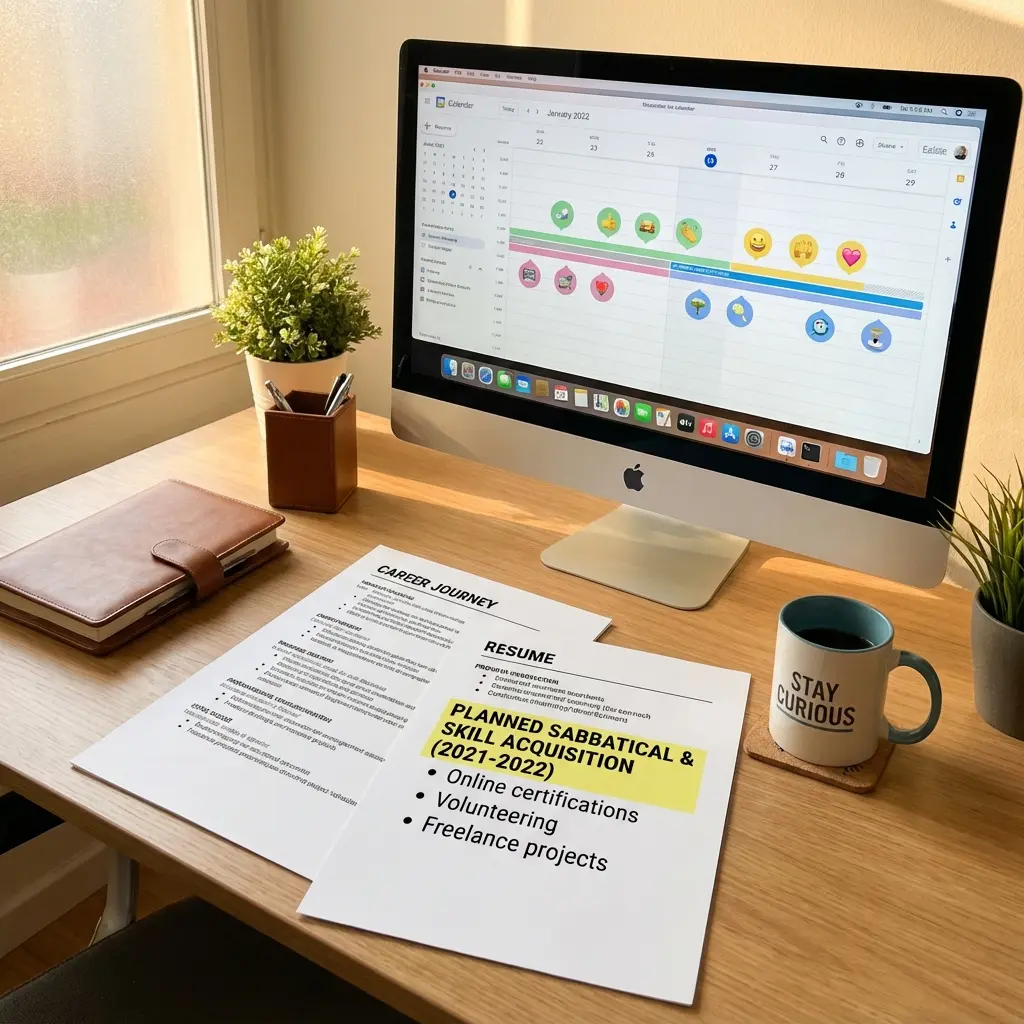 Resume with timeline showing employment gap being reframed positively