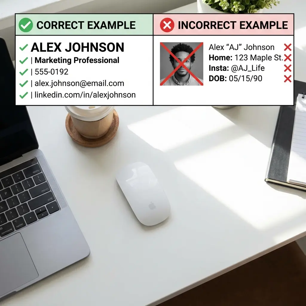 Resume header examples showing correct and incorrect formatting
