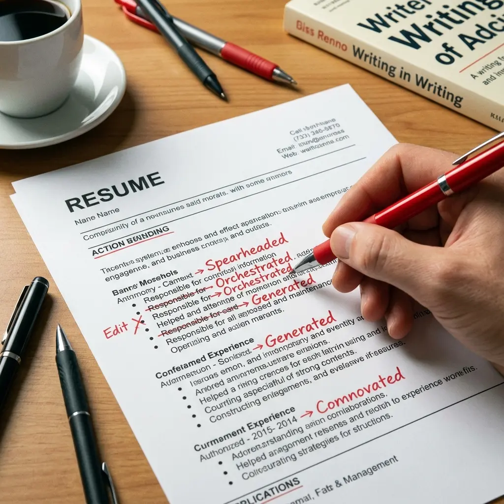 Resume with weak action verbs highlighted and crossed out