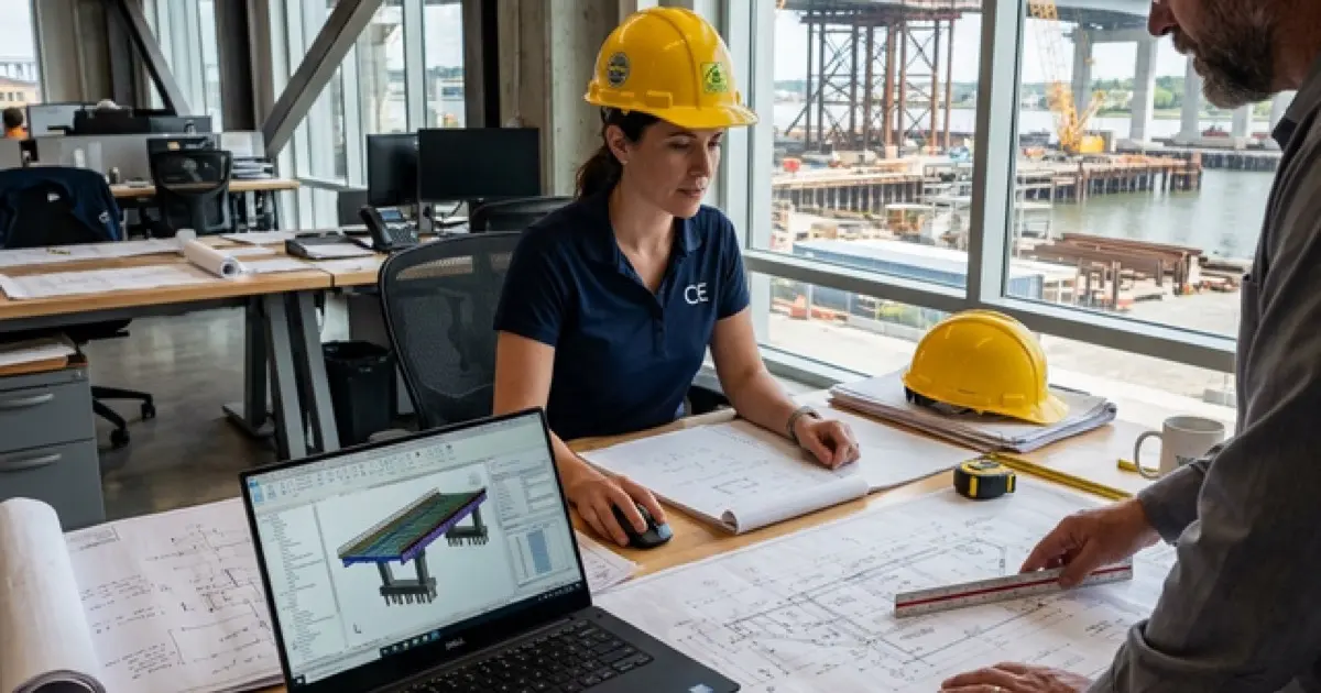 Civil engineering workspace with blueprints and laptop showing structural designs