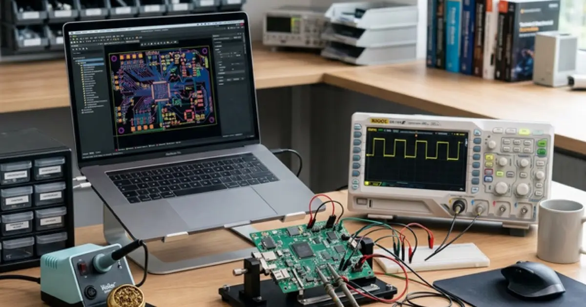 Engineering workspace with circuit boards and laptop showing CAD designs