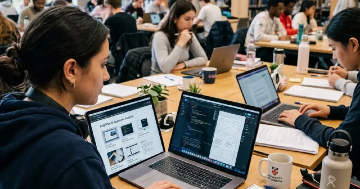 Student workspace with laptop showing project portfolio, code editor, and resume draft