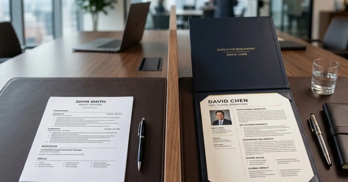 Executive desk with two resume versions side by side showing structural differences