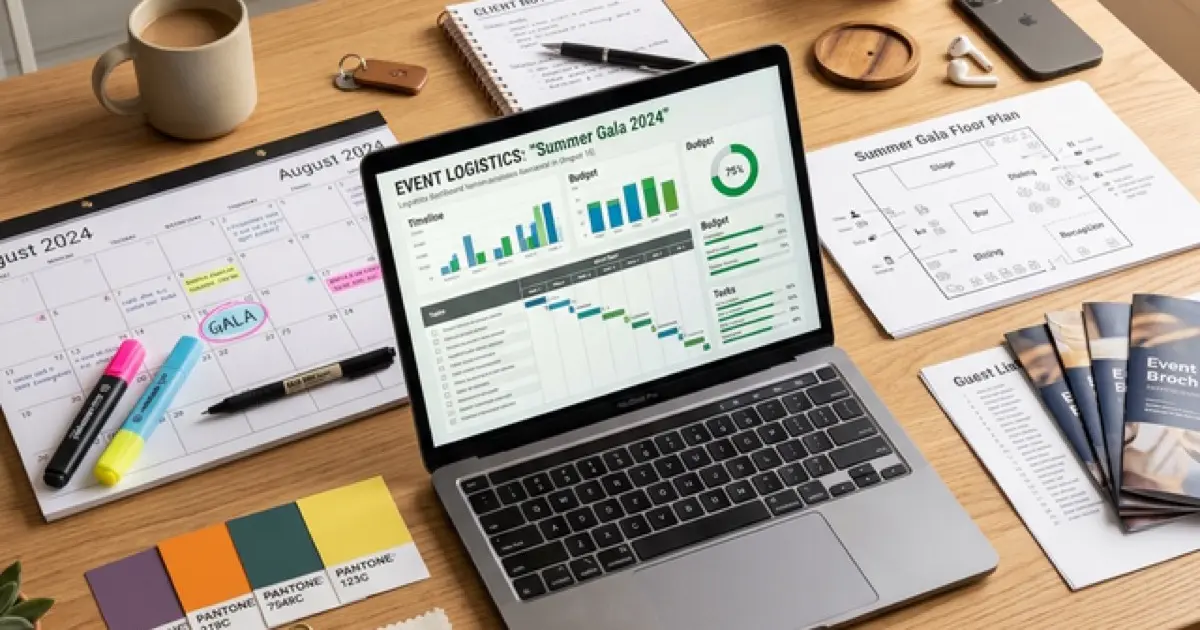 Event planner workspace with laptop showing logistics dashboard and planning materials