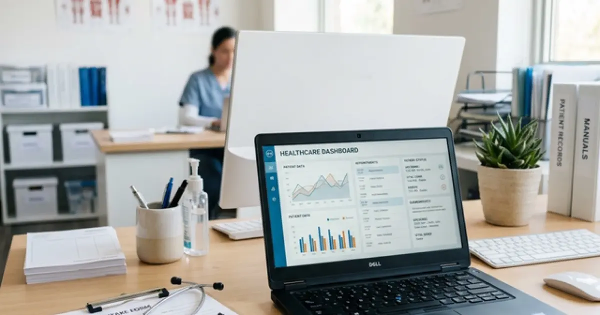 Medical assistant workspace with stethoscope and laptop showing healthcare dashboard