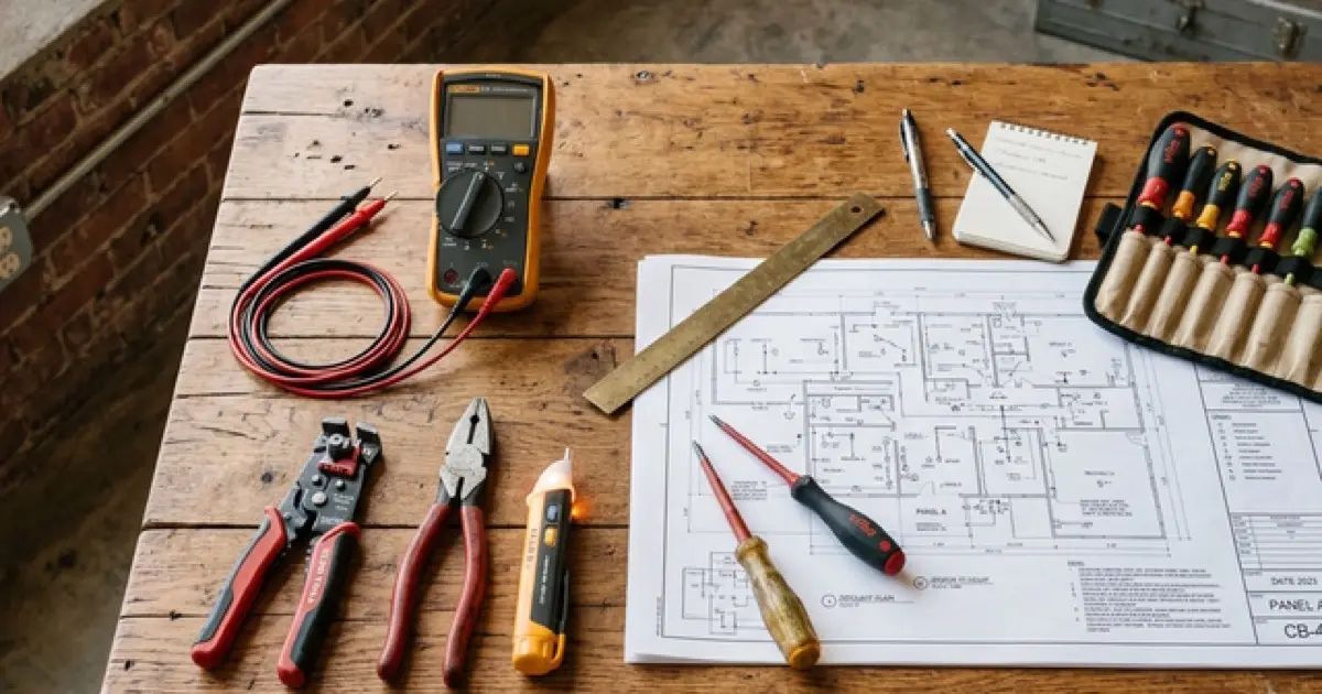 Electrician tools and multimeter on professional workspace with blueprints