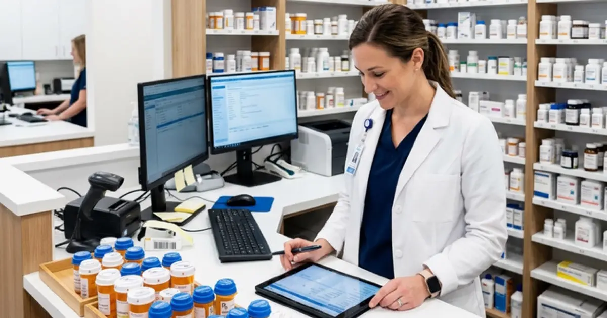 Pharmacy workspace with prescription bottles and tablet showing pharmacy management system