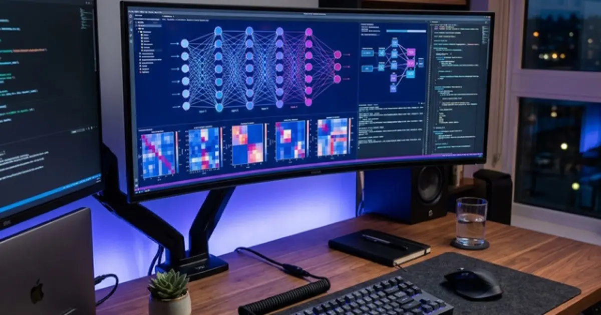 Developer workspace with neural network visualizations on screen and mechanical keyboard