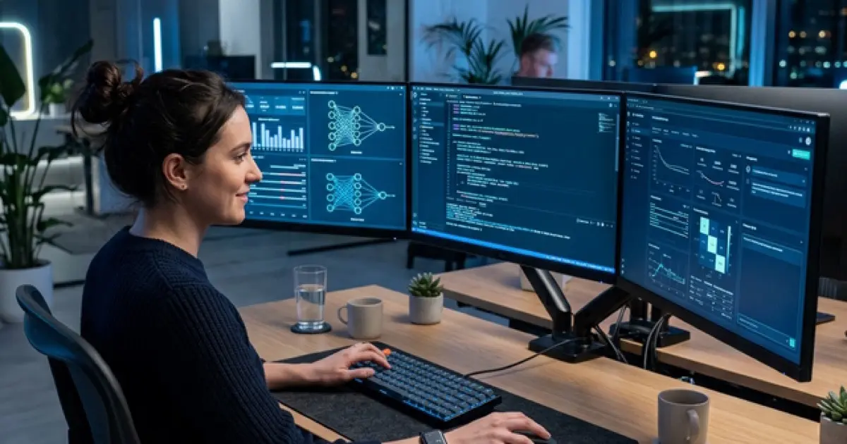Modern tech workspace with monitors showing AI interfaces and prompt engineering tools