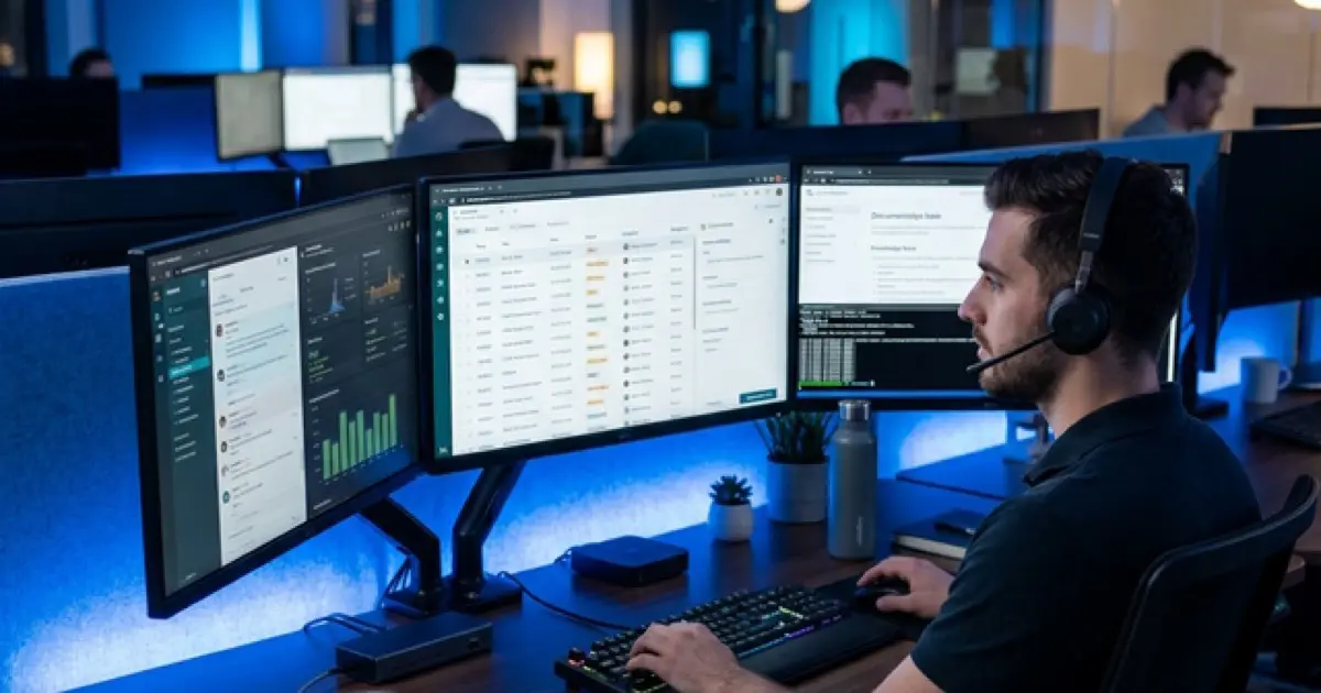 IT helpdesk workspace with multiple screens showing ticket system and headset