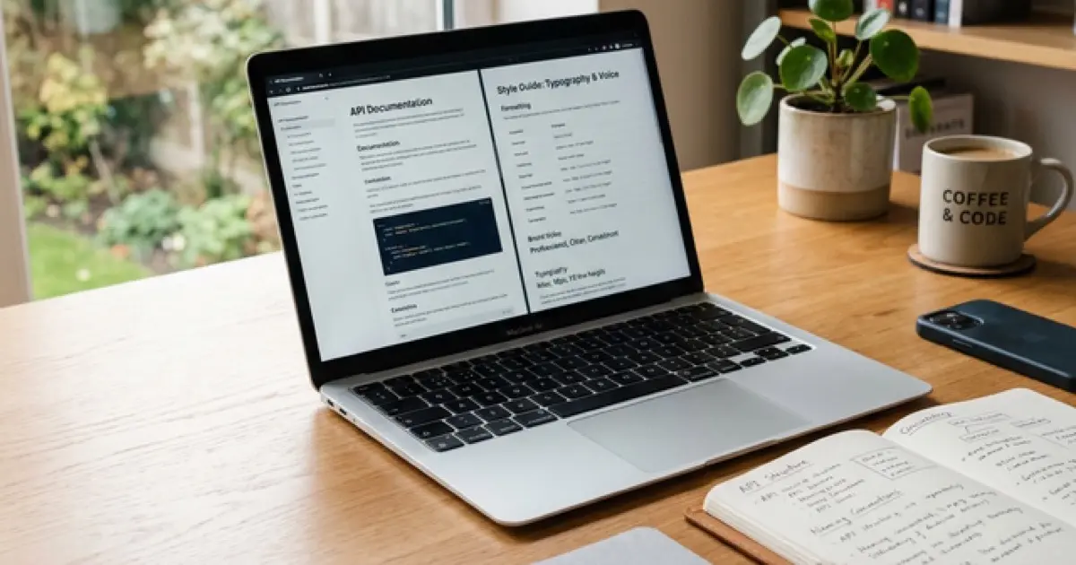 Clean writing workspace with laptop showing documentation and style guides