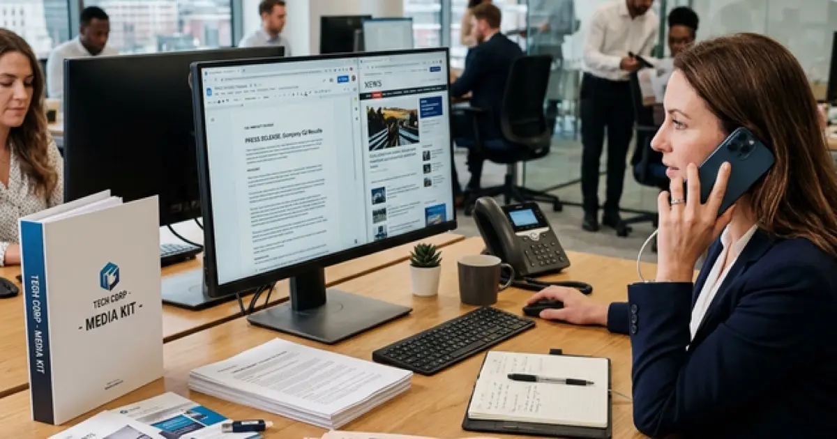 PR professional workspace with media kits and press releases on screen