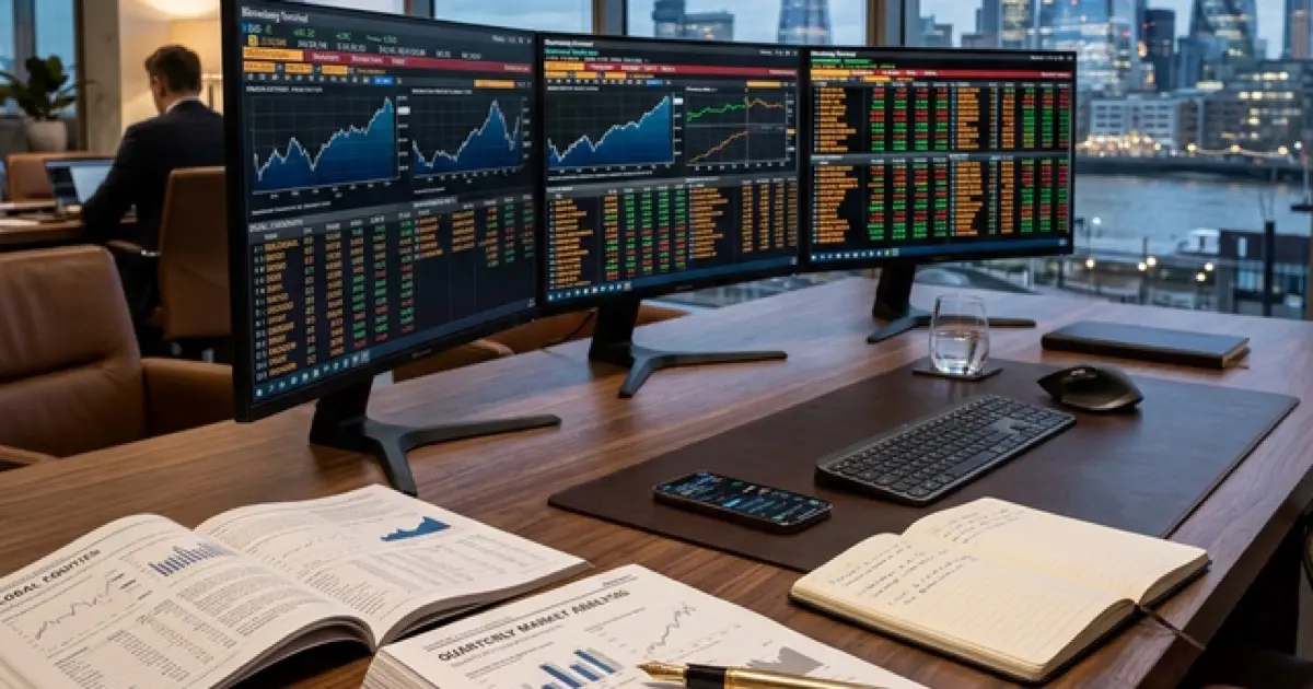 Finance professional reviewing market data on multiple screens with financial documents on desk
