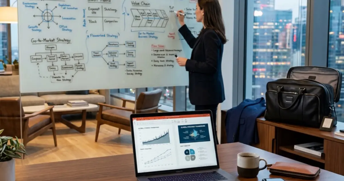 Consulting professional presenting strategy framework on whiteboard in modern office