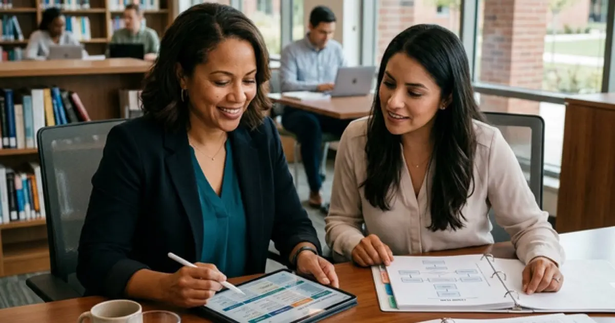 Educator workspace with curriculum materials, laptop, and classroom planning documents
