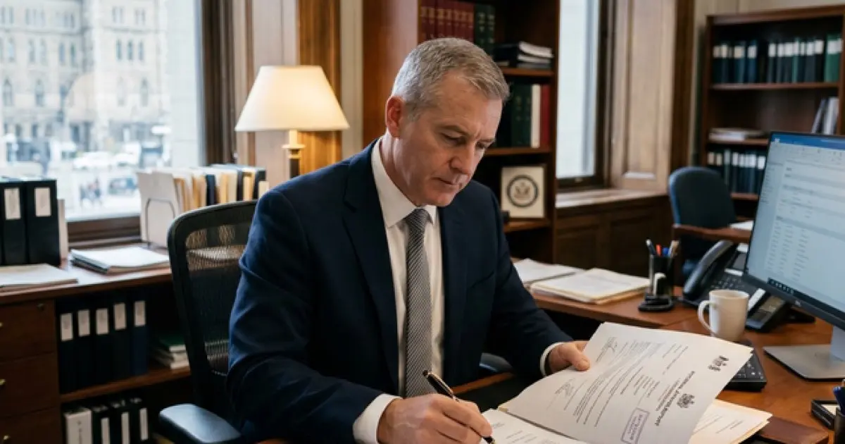 Government office workspace with policy documents and compliance materials on desk
