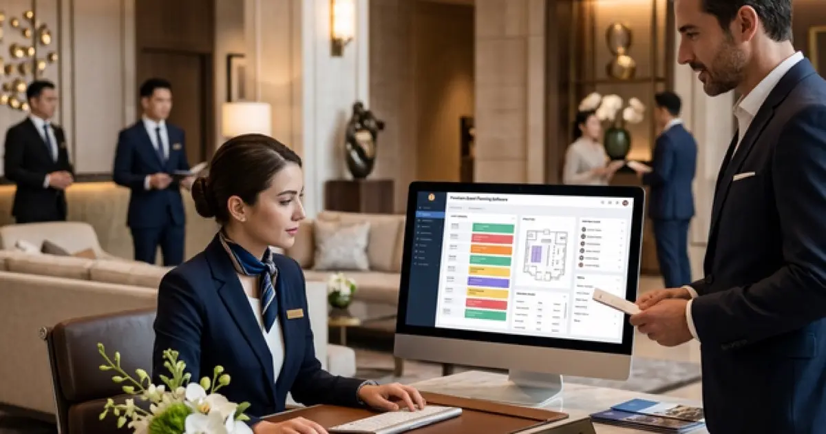Luxury hotel lobby with front desk and guest services area visible
