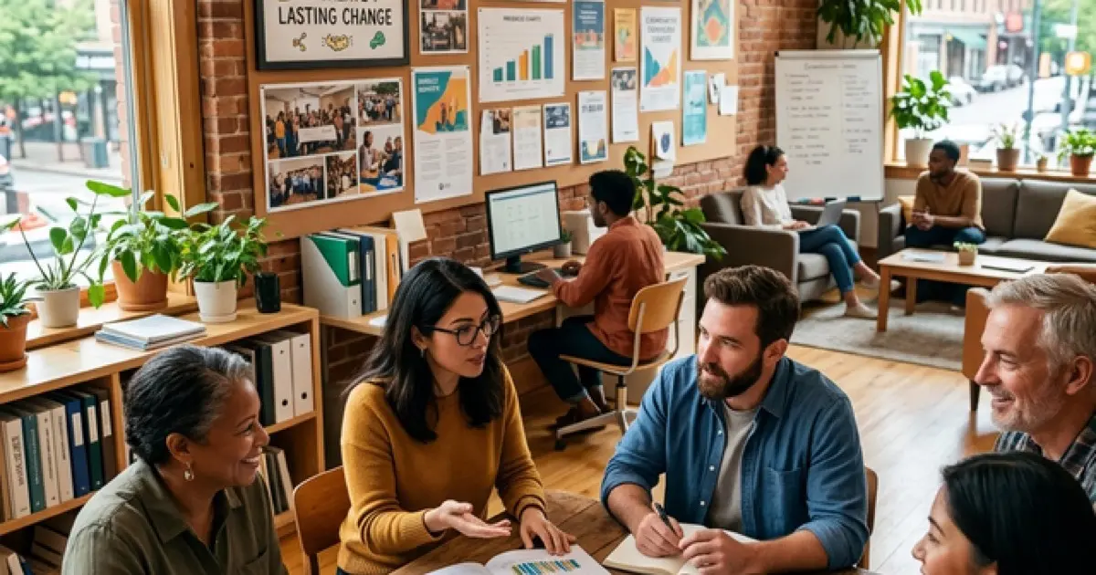 Non-profit office workspace with grant proposals, fundraising materials, and community impact reports