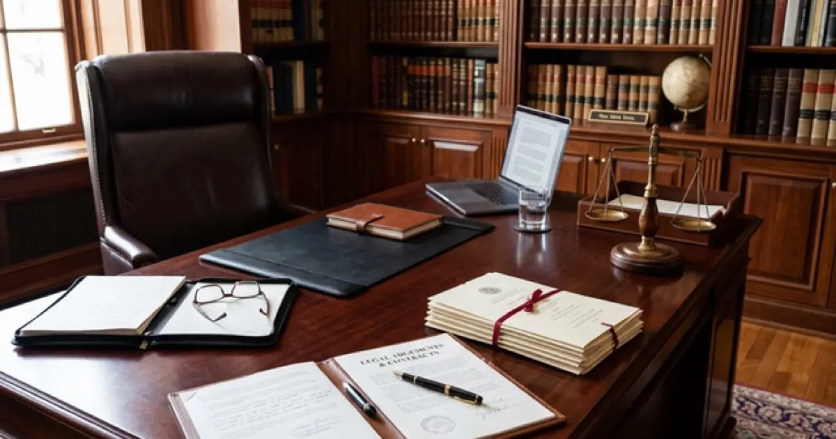 Law office with legal documents, case files, and research materials on professional desk