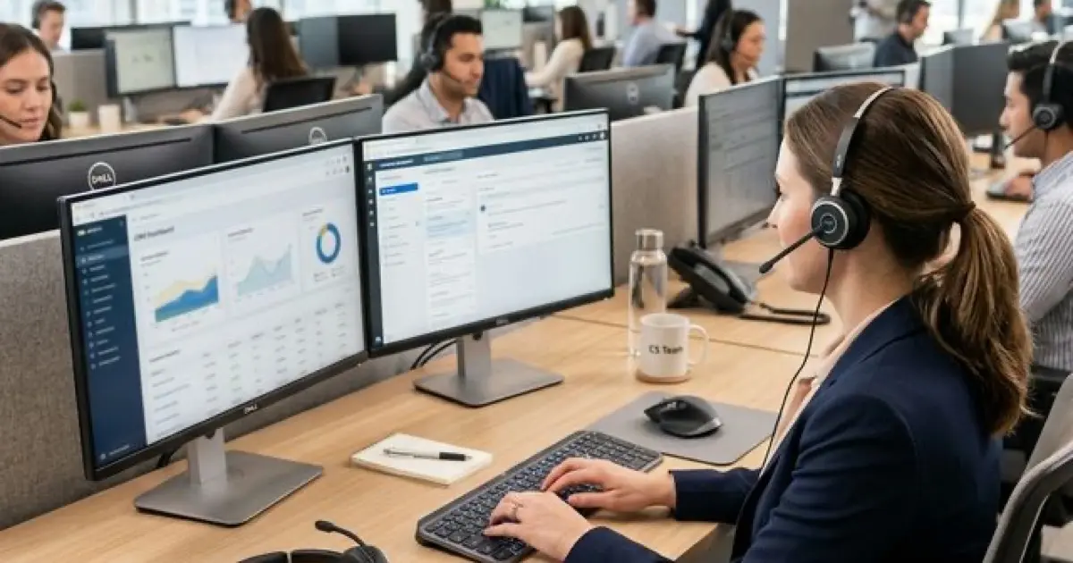 Professional call center workspace with headset and multiple monitor screens