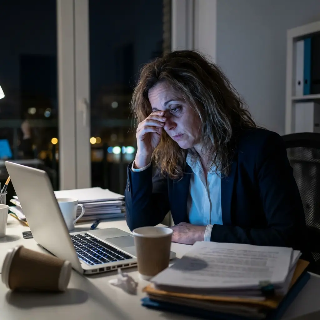 Exhausted professional showing signs of burnout at desk
